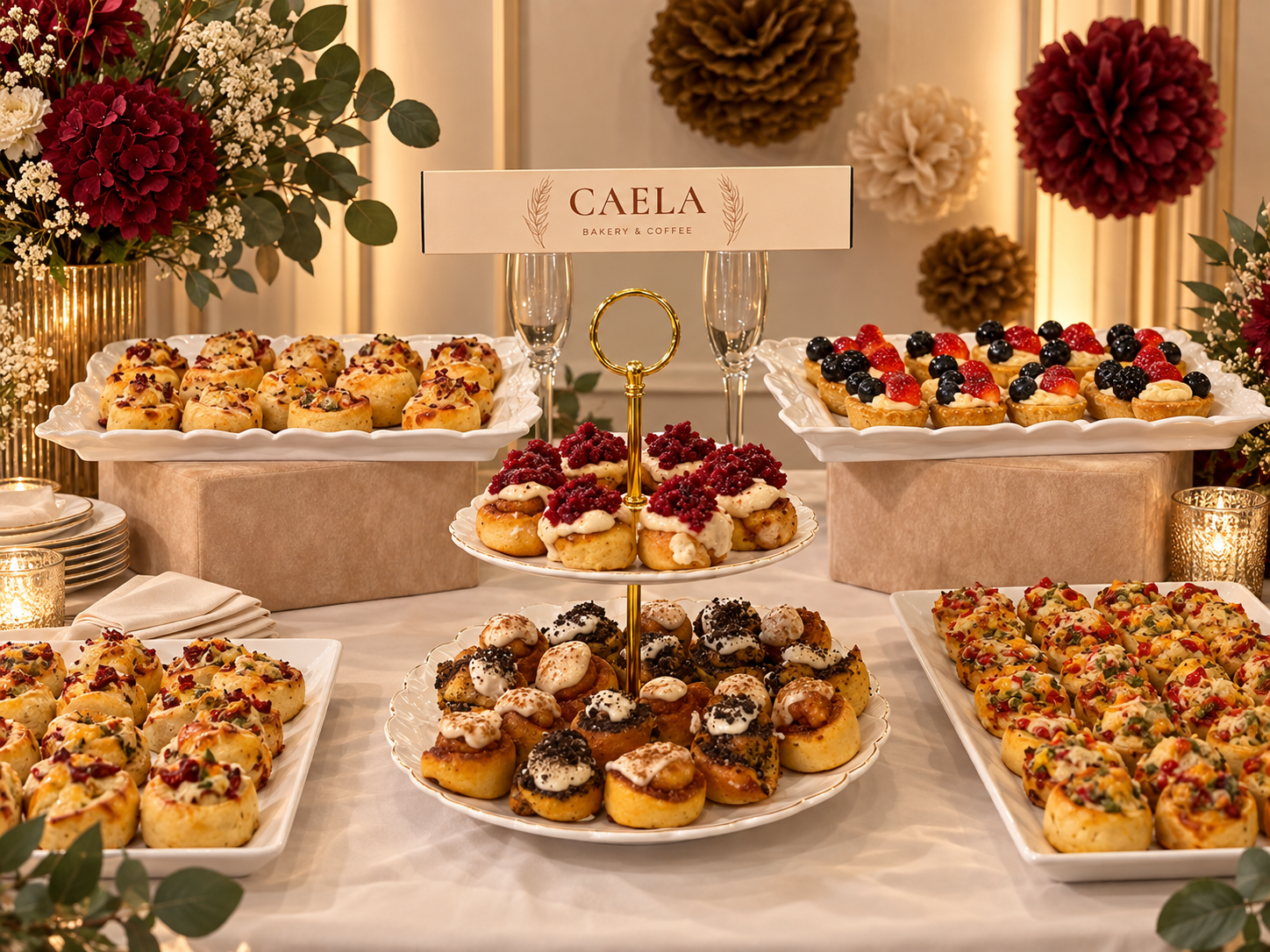 Mesa de catering Caela con mini rolls dulces, salados y tartaletas
