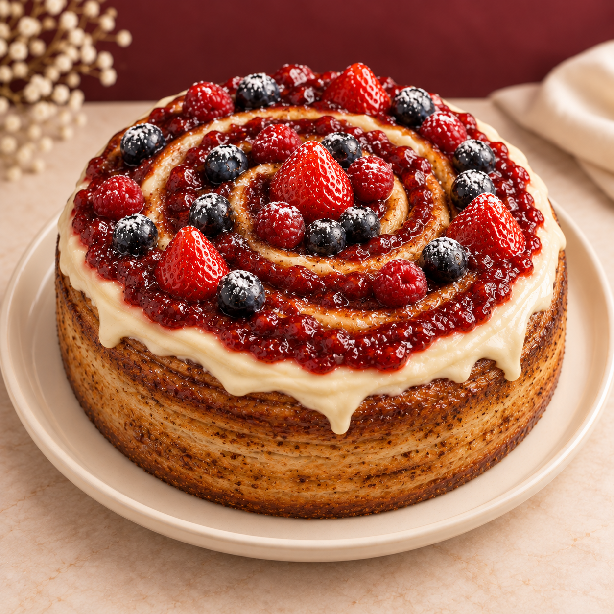Mini Roll Cake de 18 centímetros hecho con un solo roll grande de frutos rojos