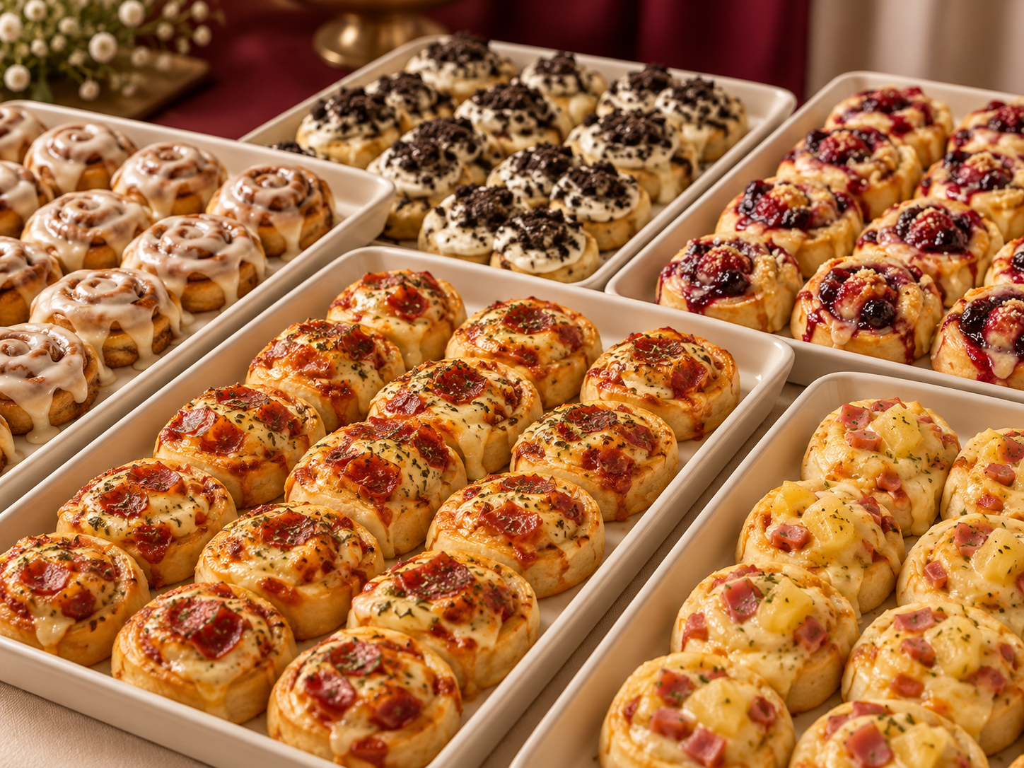Variedad de mini rolls dulces y salados de Caela
