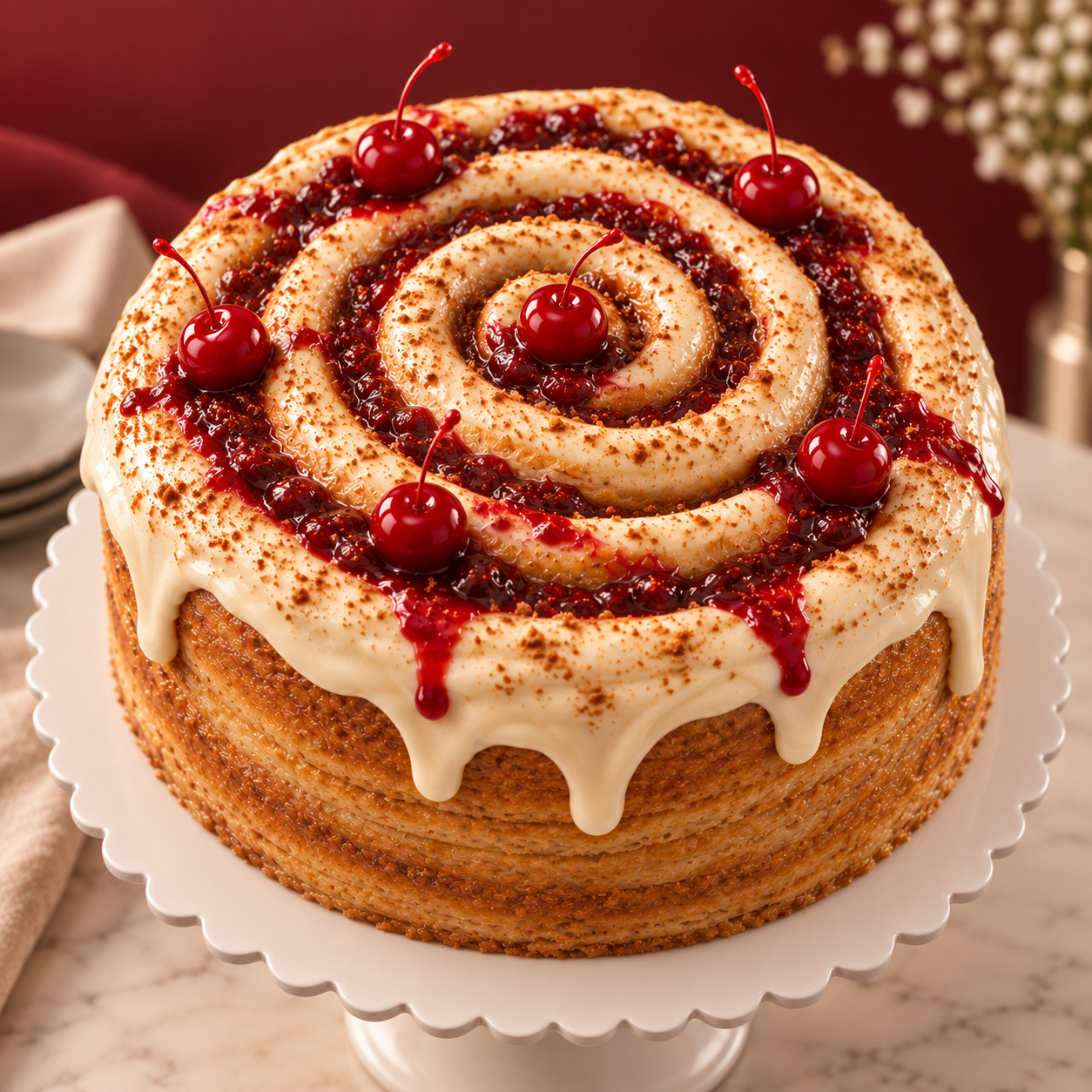 Roll Cake Caela de 22 centímetros hecho con un solo roll grande y decorado con cerezas